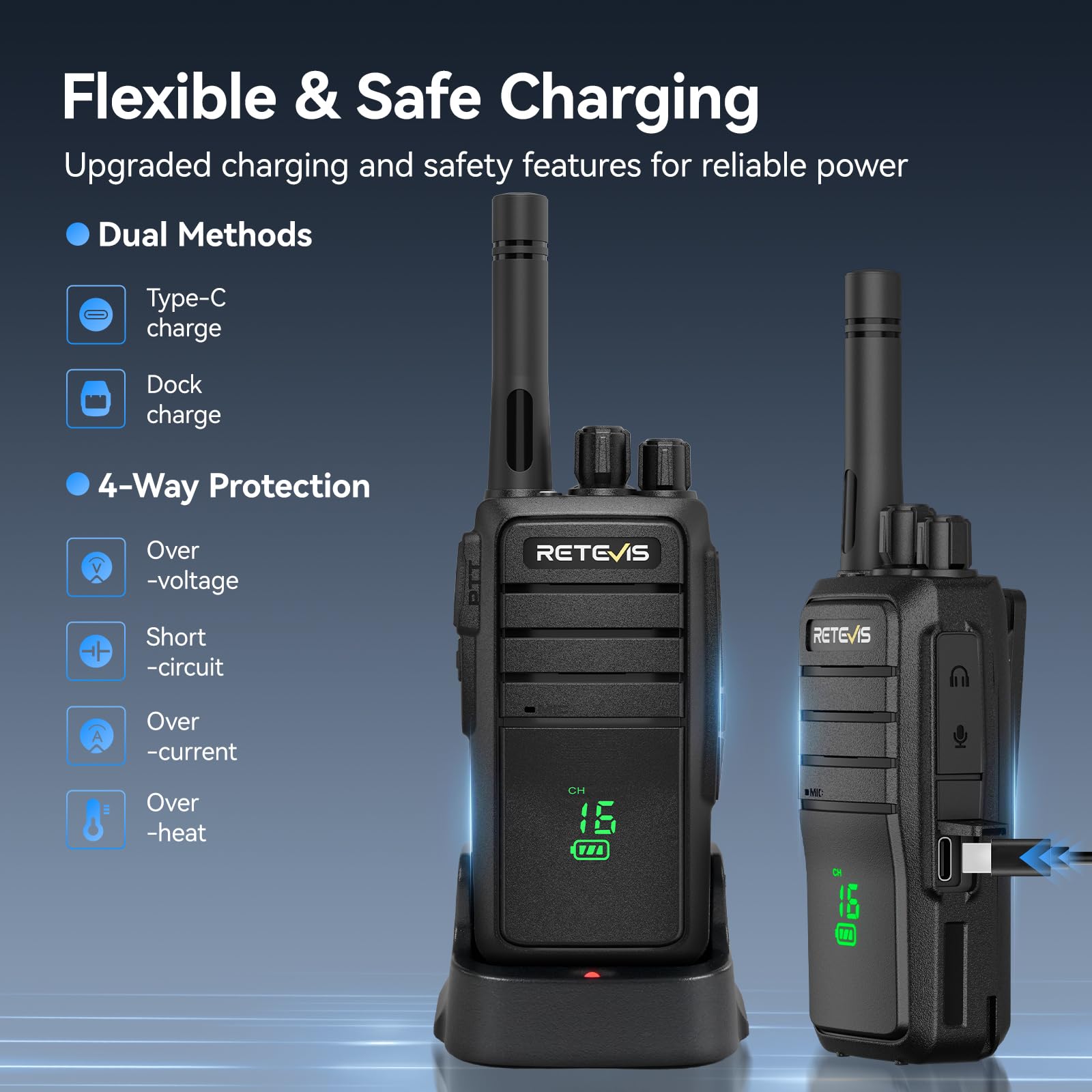 Retevis RT21 Walkie Talkie De Largo Alcance Con Cargador De 6 Vías, Radio Portátil Recargable Con VOX Y Squelch, Pack De 6 Unidades Para Seguridad