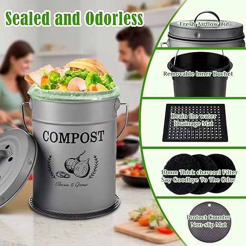 Miniatura 9 de AOSION Contenedor de compostaje para cocina, contenedor de compostaje para encimera de interior, cubo de compostaje de granja, contenedor de