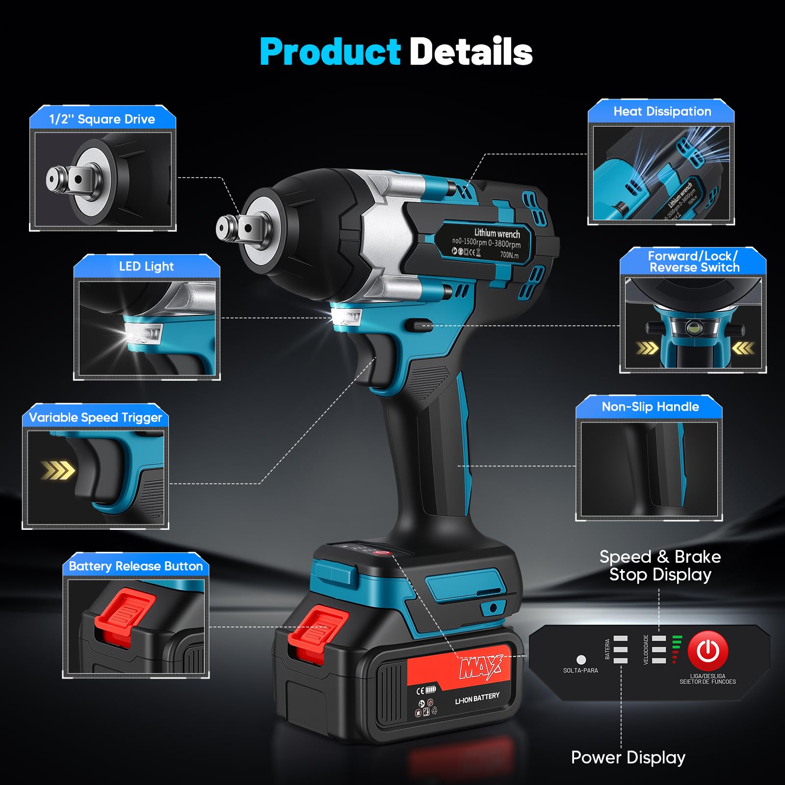 Avvitatore a impulsi 700N, con 2 batterie, 3 Velocità variabili, Arresto freno, LED Avvitatore a percussione, Avvitatore impulsi batteria, per riparazioni auto, Fai da te