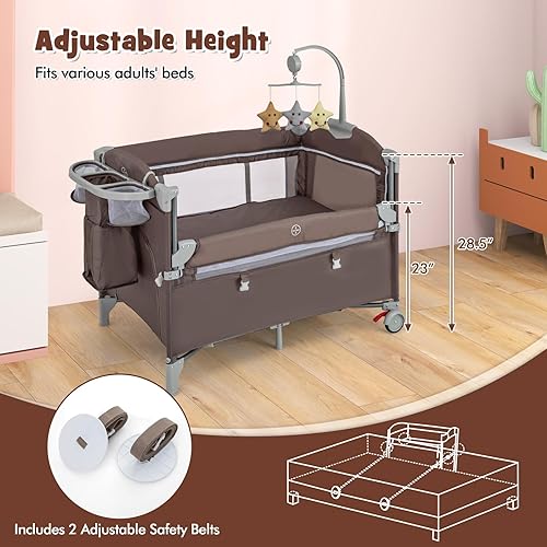 Miniatura 6 de HONEY JOY Pack and Play con moisés, 5 en 1, cuna para bebé junto a la cama con mesa de cambio de pañales y bolsa de almacenamiento, arco de juguetes