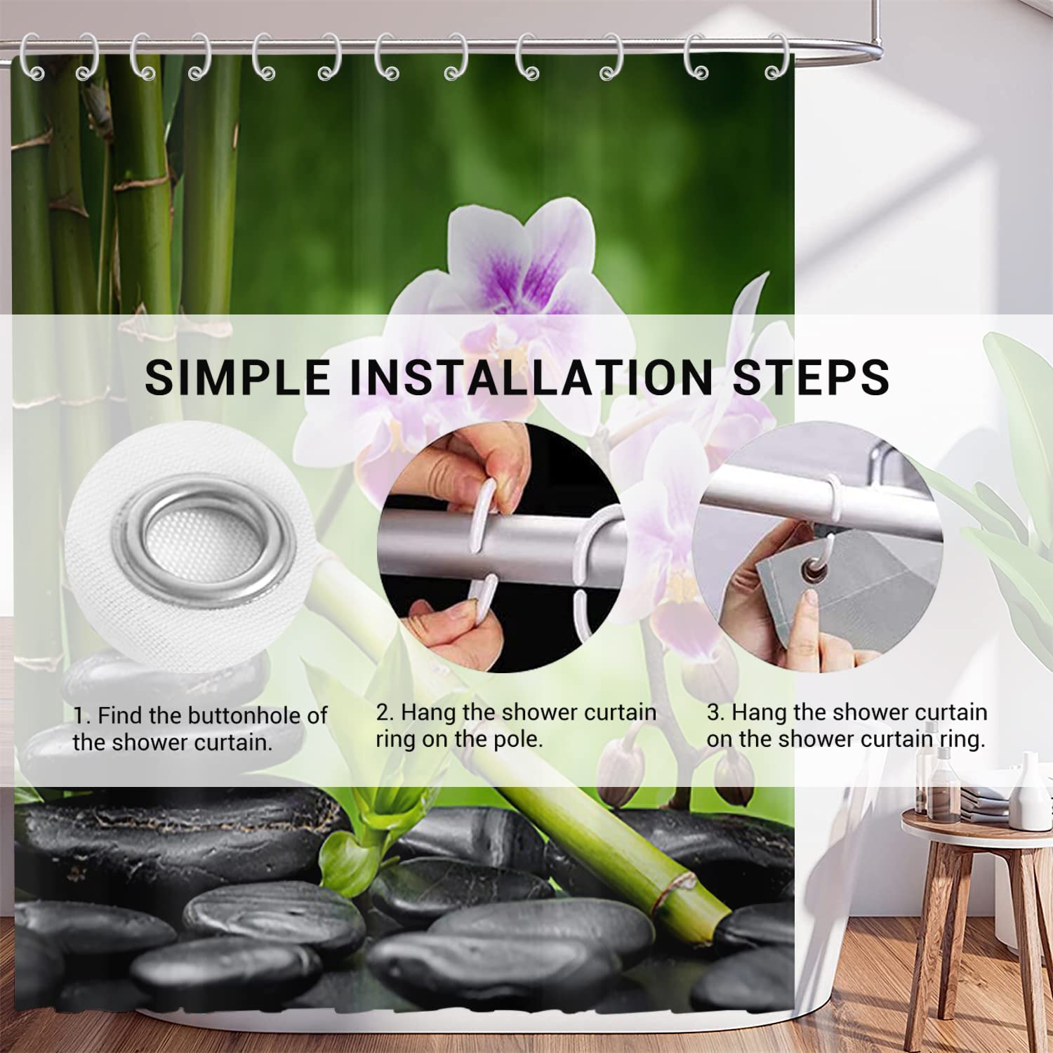 Tenda da doccia giardino zen 180x240, Hnmdmyi Spa verde bambù nero pietra viola fiore tenda da bagno giapponese meditazione rilassante impermeabile poliestere tessuto lavabile tenda da bagno con ganci