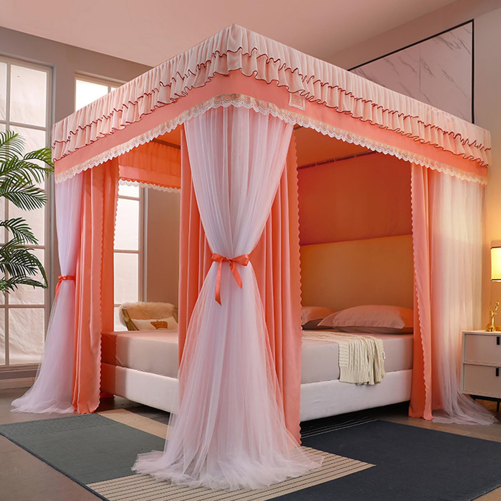 GJMSSMY 4 Corners Post Princess Curtains Bed Canopy for s, 4 Opening Queen King Bed Tent Netting Mosquito Net - Double Layer Sheer Mesh Canopies Drapes s Room Decor