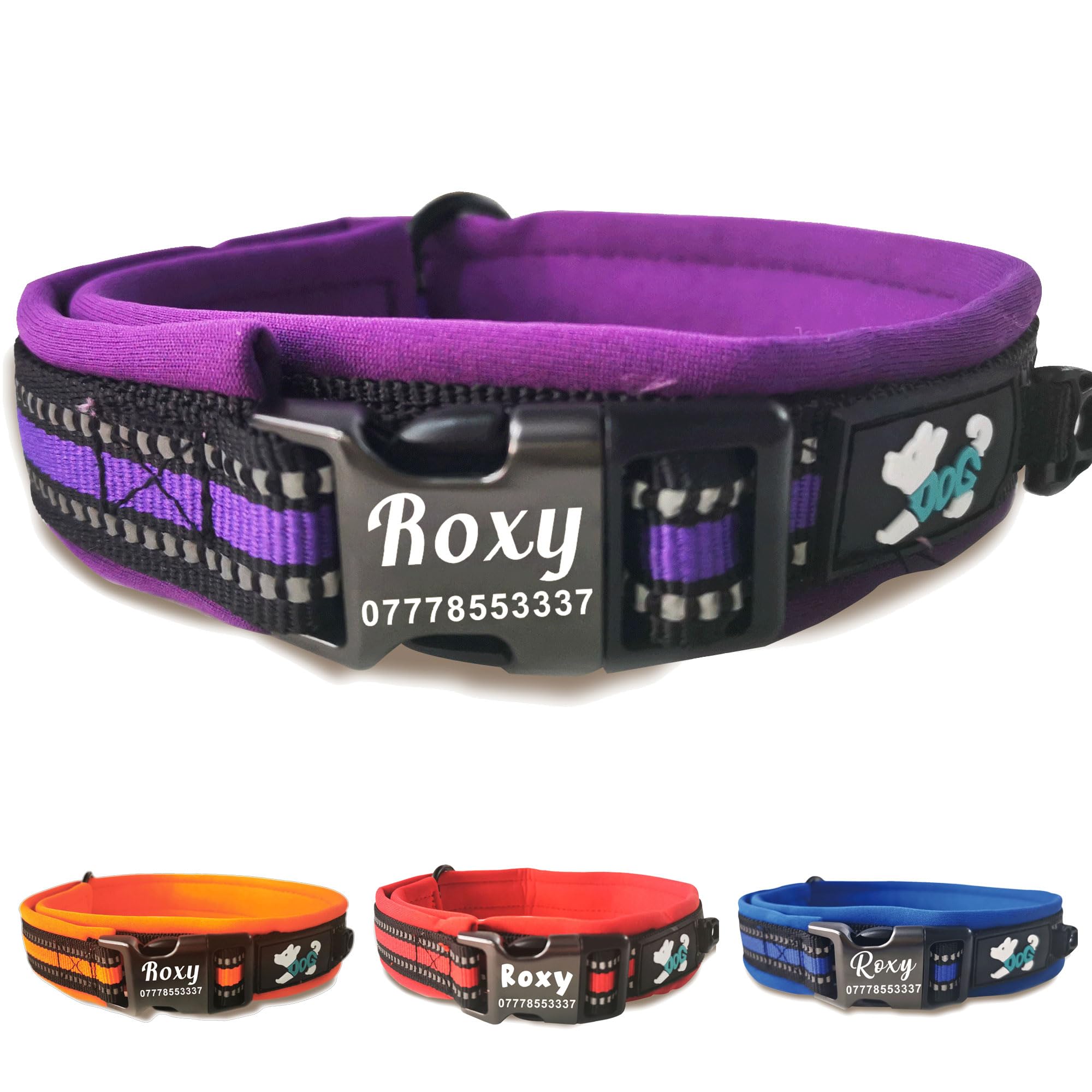 Dog Collar Personalised Dog Collars Custom Nylon Reflective Collars Adjustable Pet Collars with Name & Phone Number for Pets Cat Puppy Dogs(Purple,L)