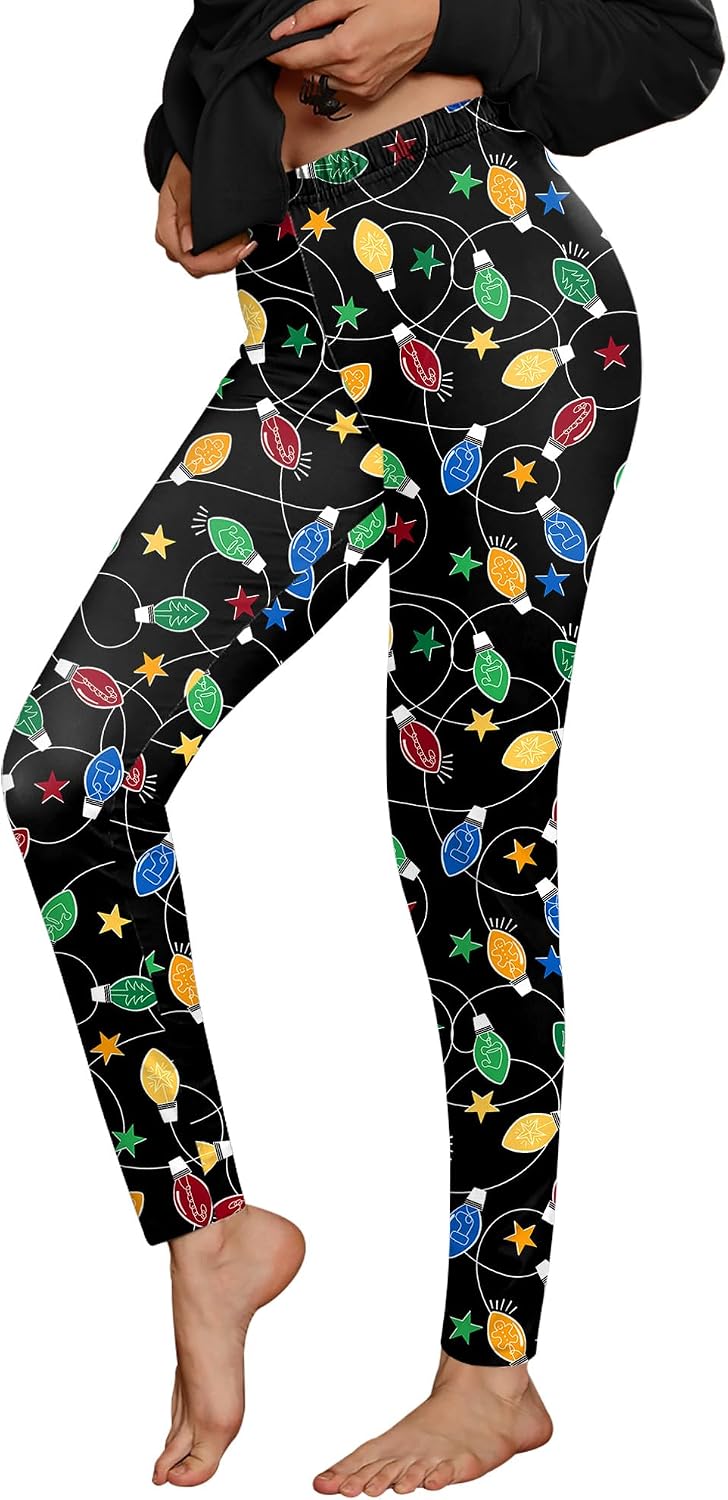 For G and PL Women Christmas Ugly 3D Print Leggings Holidays High Waisted Stretchy Elf Tights Lights Black S