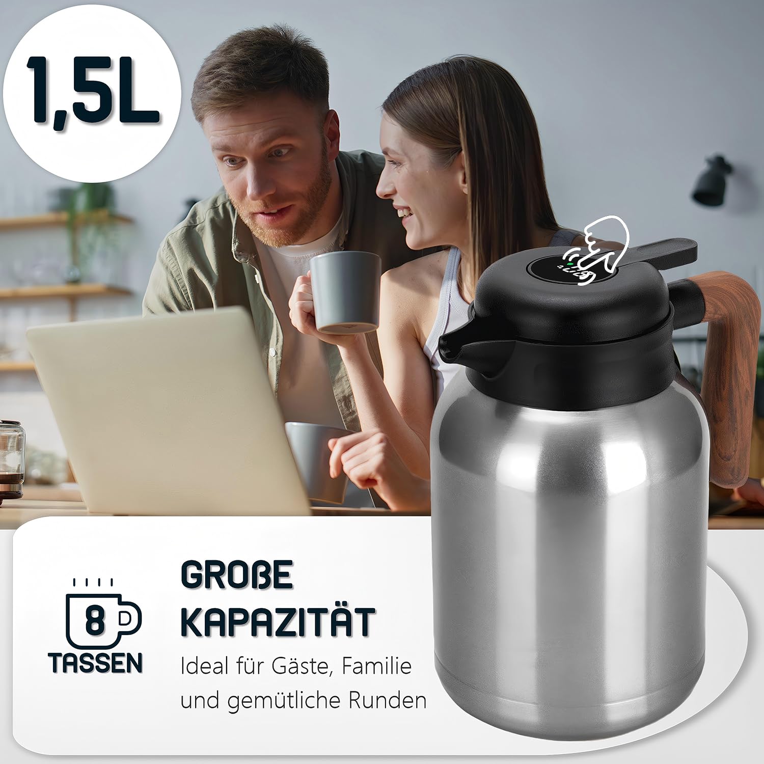 VETIN Thermoskanne mit Teesieb 1,5L aus 304 Edelstahl, Kaffeekanne Thermo | Auslaufsicher, 10 h Heiß & 16 h Kalt, mit Temperaturanzeige, für Tee, Kaffee und Kalte Getränke (Kunststoffgriff)
