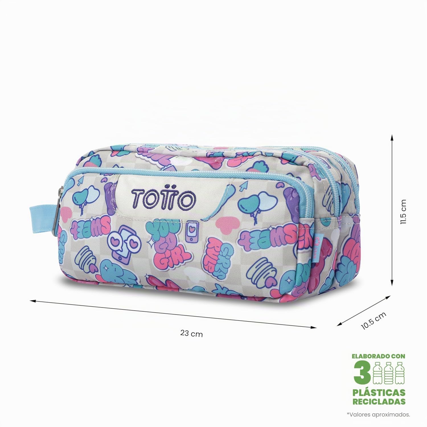 TOTTO - Pack Mochila Escolar Adaptable a Carro, 20L, Modelo Acuareles + Estuche 3 Compartimentos Modelo Agapec