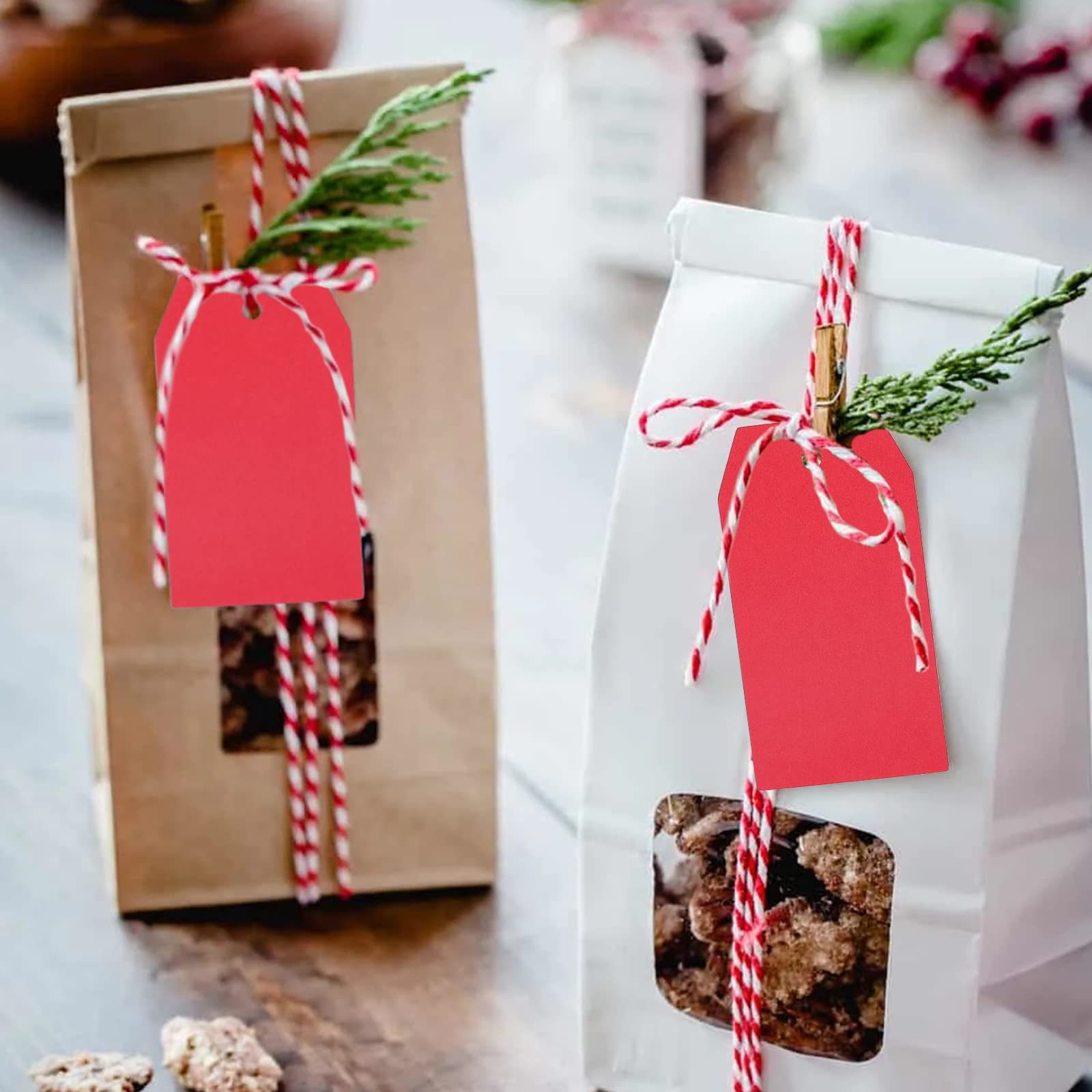 150 Etichette Regalo In Carta Kraft + 20m Spago Rosso - Per Matrimonio, Natale, Feste E Bomboniere