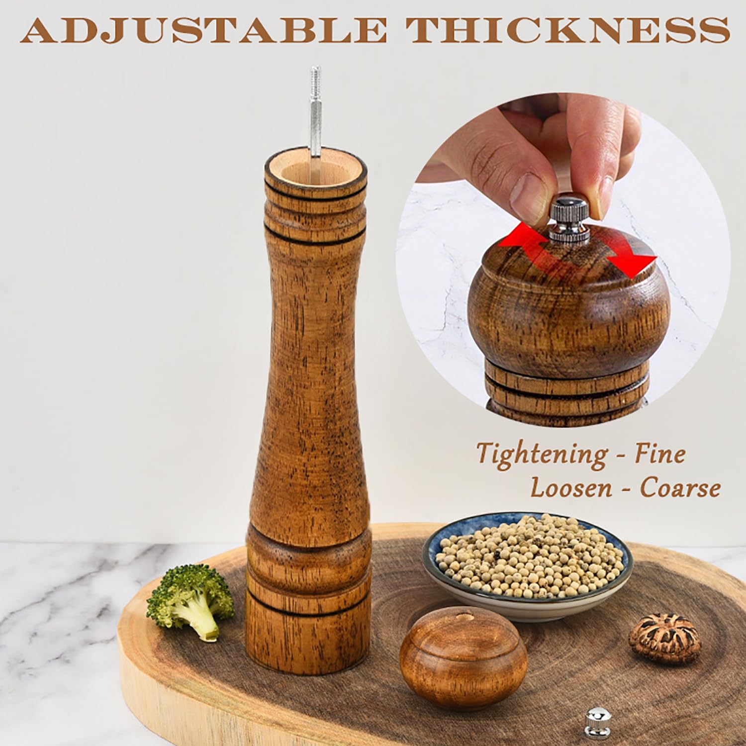 Molinillo de pimienta de madera de 10 pulgadas de grosor ajustable, molino de pimienta de madera o molino de sal con rotor de cerámica ajustable y fácil 4