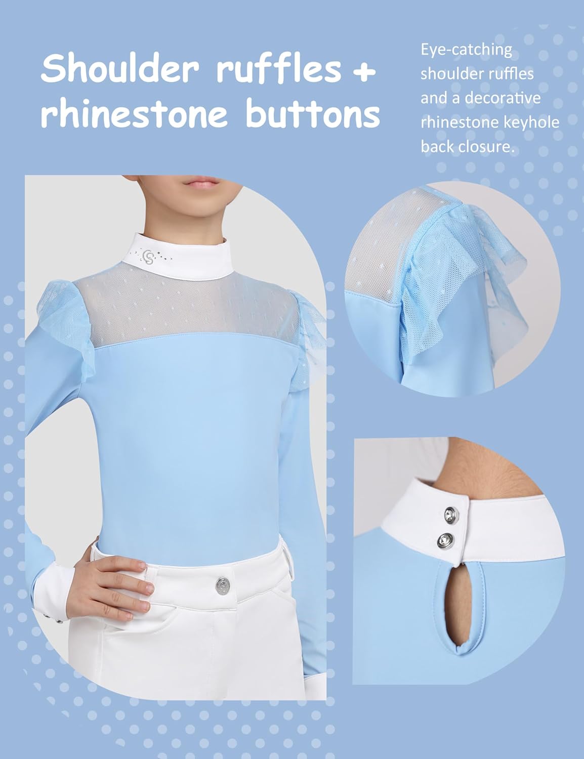 Girls Equestrian Riding Shirt, Breathable Long Sleeve Horse Riding Top for Training & Show, Quick-Dry