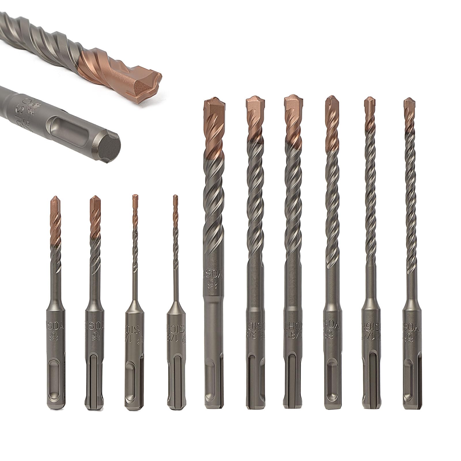 Juego de 10 brocas de martillo giratorio, brocas SDS Plus con punta de carburo, brocas de doble rosca para chapado en cobre, herramientas para hormigón, ladrillo, piedra y otros materiales de