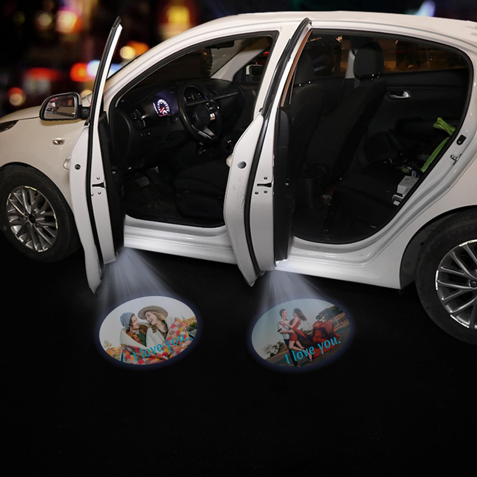 Proyector de Luz Personalizado para Puerta de Coche, 2 Luces de Bienvenida | Luz de Coche con Foto y Texto Personalizados, Luz de Charco con Sombra Fantasma para Todos los Coches, Inducción Magnética