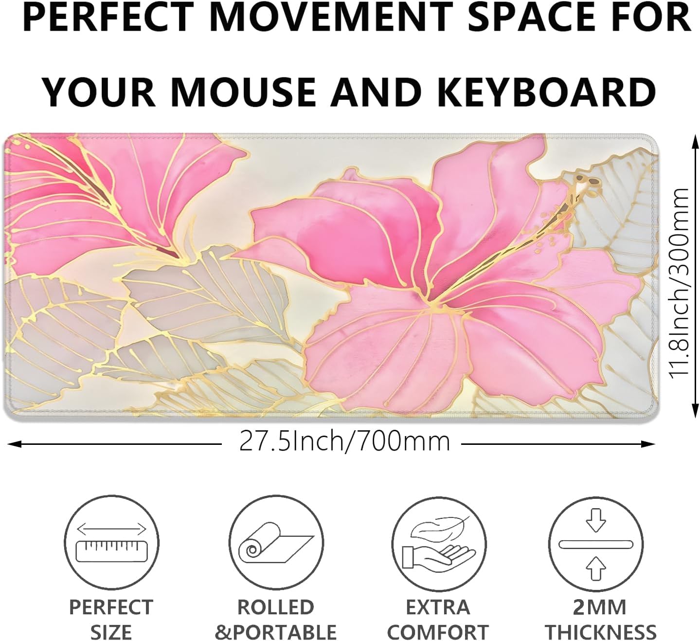 Abstract Floral Mouse Pad Desk Mat,Pink and Gold Extended Gaming Mouse Pad with Stitched Edges,Non-Slip Waterproof Rubber Base for Office,Computer,Keyboard,Laptop and Home Desk Pad(27.5X11.8 in) - Image 3