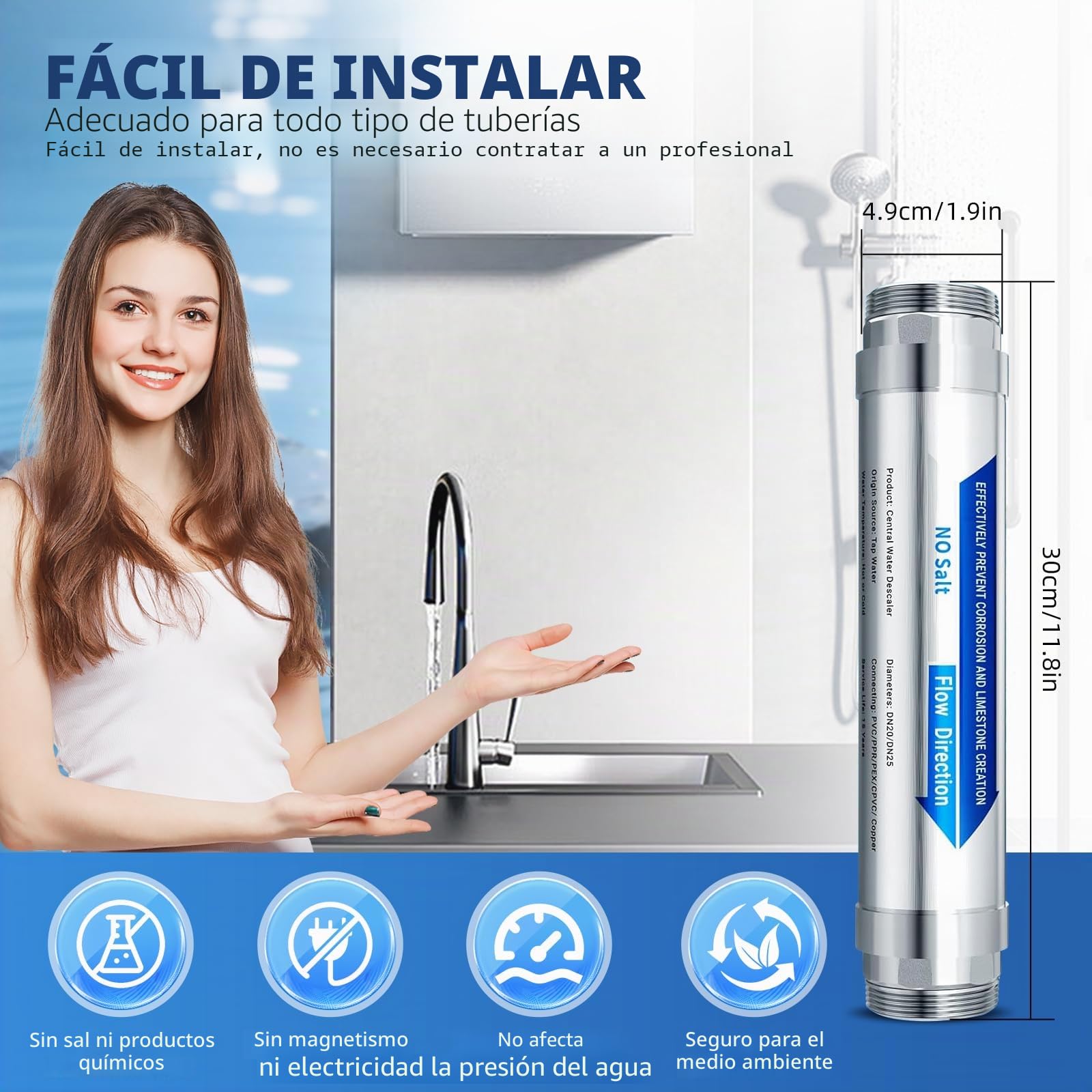 Descalcificador de agua sin sal para toda la casa, conexión de 1/2 pulgadas descalcificador de agua, evita depósitos de cal en tuberías de agua, inodoros y grifos – DN15