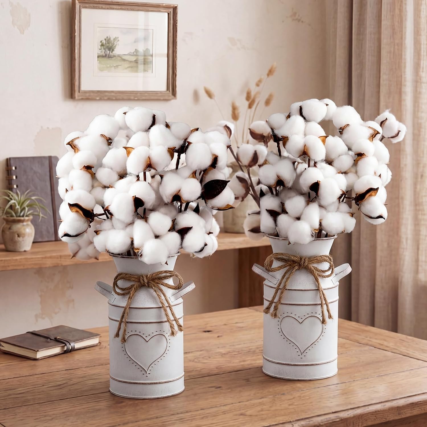 2 Pack 7.5" High Decorative Vase with 10 Pcs Cotton Stems, Cotton Flowers in Vase, Rustic Sprigs for Fillers Decor Branches Table Centerpieces Decorations and DIY Crafts
