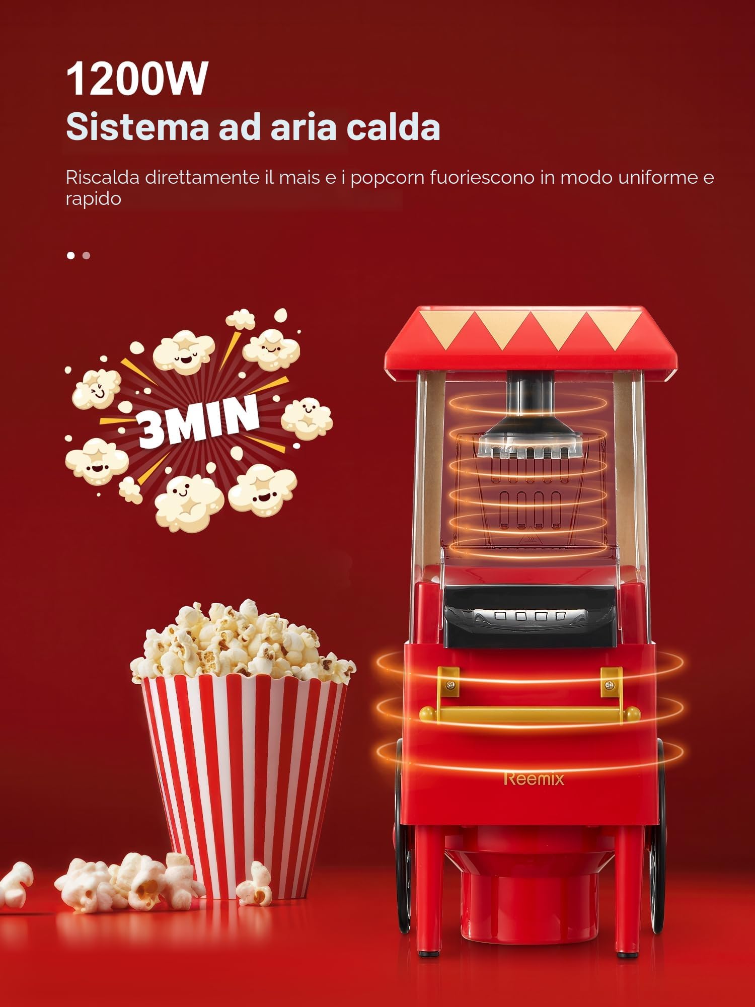 Macchina popcorn, Reemix 1200W Retrò Popcorn Maker, Senza olio, Popcorn fresco fatto in casa in meno di 3 minuti, Utilizza aria calda, Coperchio staccabile, Feste, Serate cinematografiche, Rosso