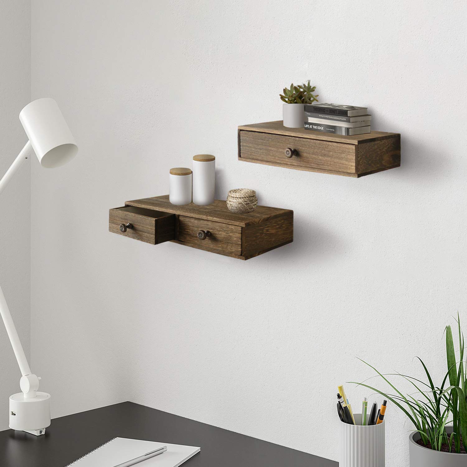 Abetree Wall Mounted Floating Shelves with Drawer Rustic Wood Storage and Display Shelf Floating