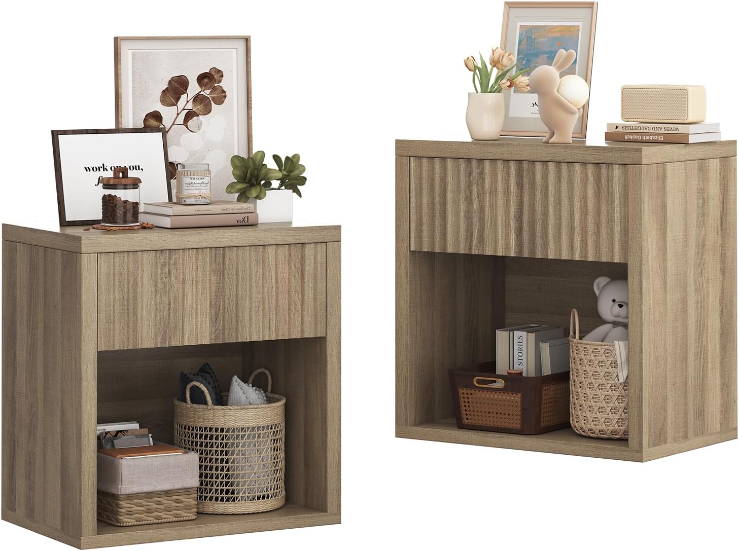 Fluted Nightstand Set of 2, 22.8" Wide Nightstands with Drawer Storage Large Wood BedsideTable Night Stands for Bedroom, Natural Oak