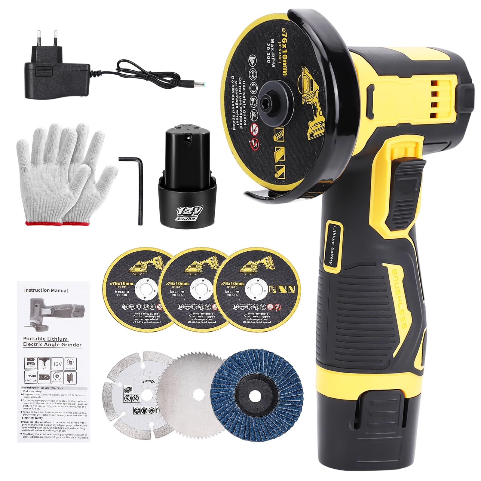 VISLONE Mini Angle Grinder Kit,19500RMP Cordless Angle Grinding Tool with 2x2000mAh Batteries and 6PCS Discs,Brushless Power Grinder for Brick Wood Steel Stone