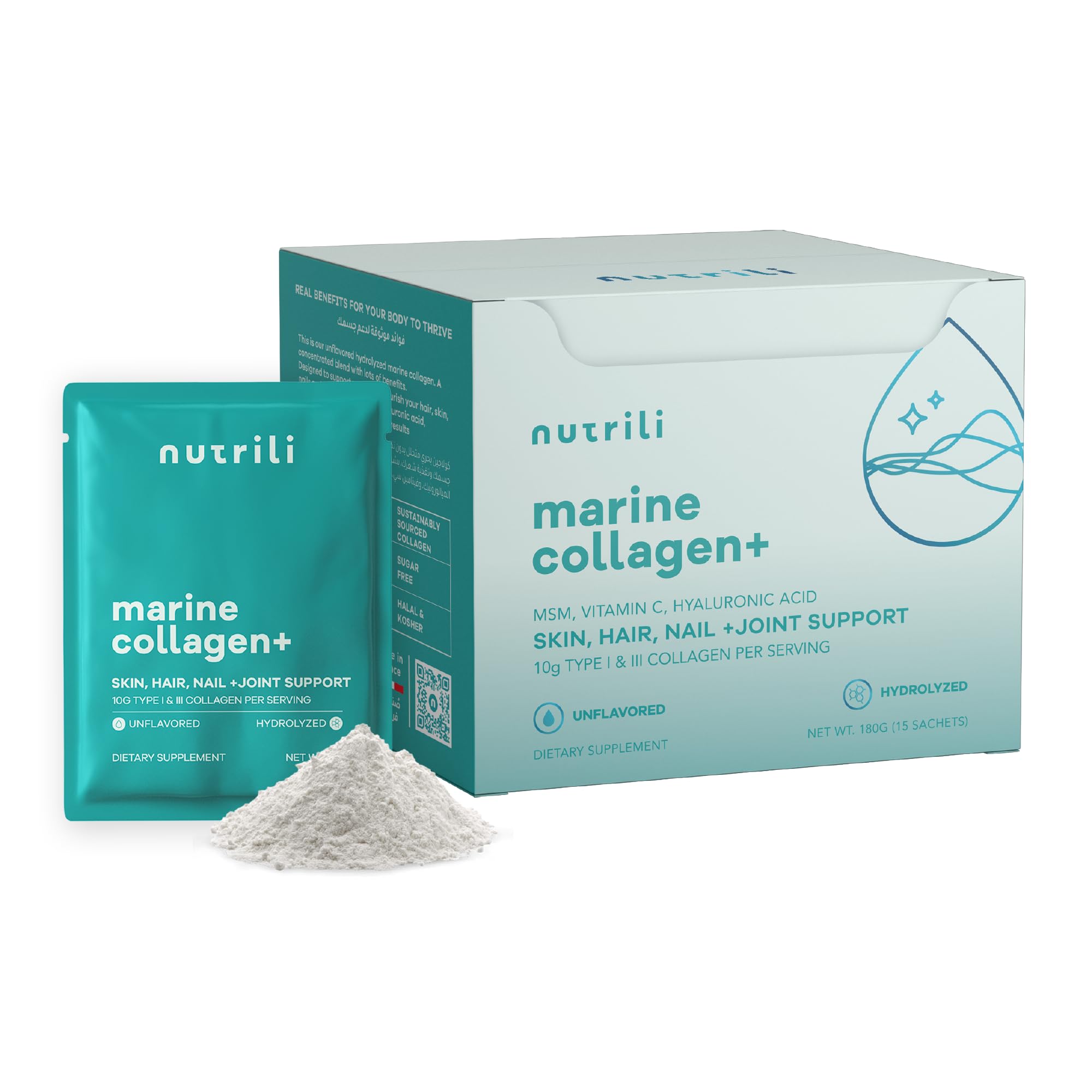 Nutrili Marine Collagen+ | MSM, Hyaluronic Acid & Vitamin C | Skin, Joint, Hair, Gut and Bone Health (15 Sachets)
