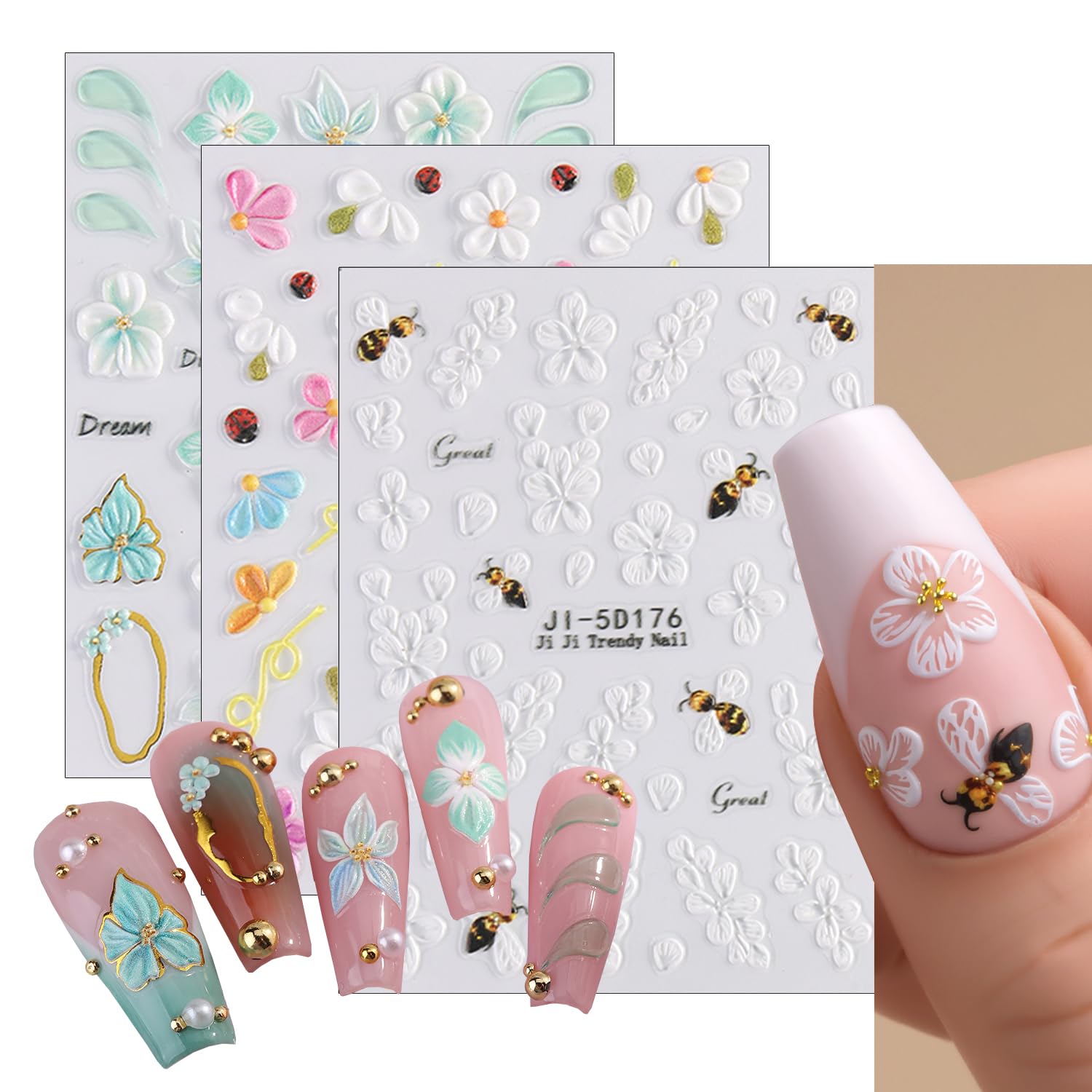 Green White Flower Nail Art Stickers 5D Embossed Self-Adhesive Nail Decals Cute Floral Bee Ladybug Design Spring Summer Flowers Nails Art Supplies for