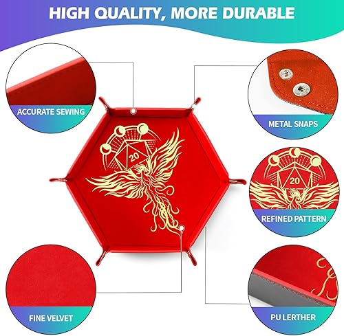 Miniatura 2 de Juego de 2 bandejas plegables portátiles para juegos de mesa RPG DND, caja de almacenamiento de cuero sintético y terciopelo, dragón y fénix