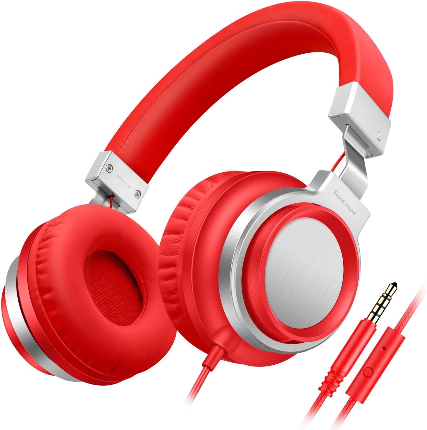 Sound Intone I8 Bass Stereo Headphones with Mic Adjustable Over-Ear Headsets for iPhone/iPad/iPod/Android Smartphones (Red)