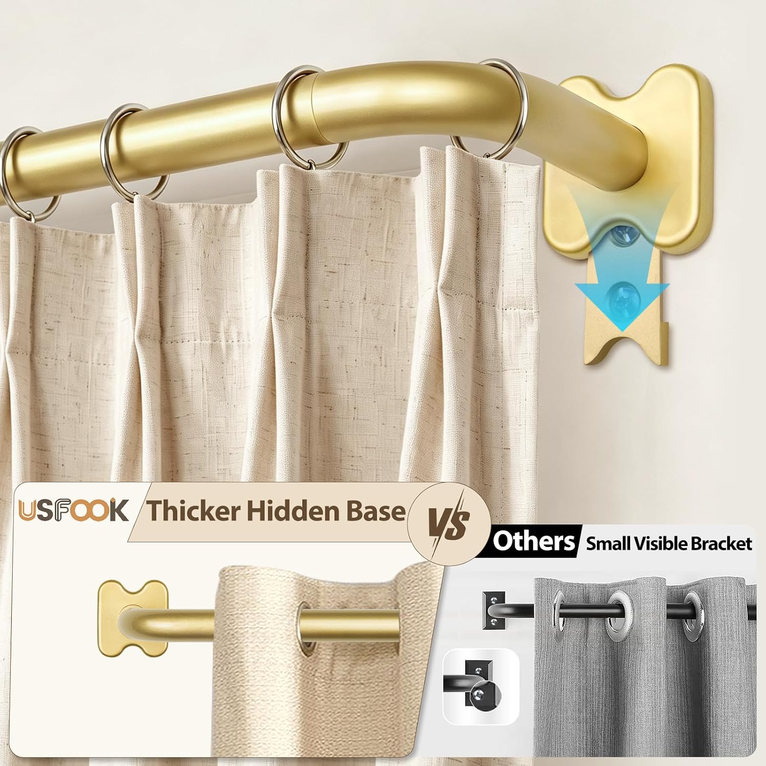 USFOOK Wrap Around Curtain Rods 32 to 58, Gold Drapery Rod, 2 Pack | Room Darkening Design, Blocks Light, 3/4 Inch Adjustable Window Treatment Rods for Bedroom, Sliding Doors, Living Room