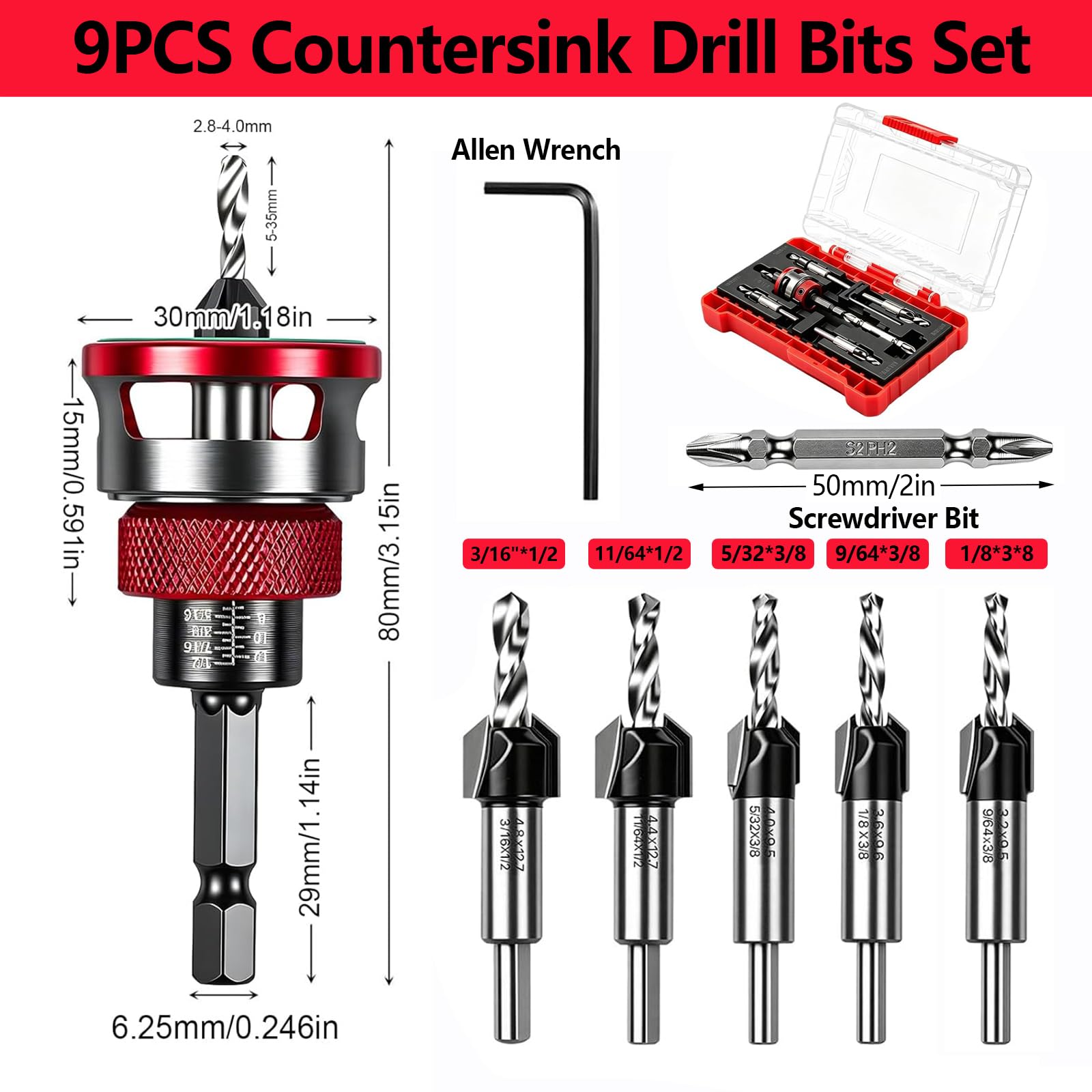 Countersink Drill Bit Set - 9 Piece DIY Woodworking -2 Countersink Drill Bit Set - 9 Piece DIY Woodworking -2