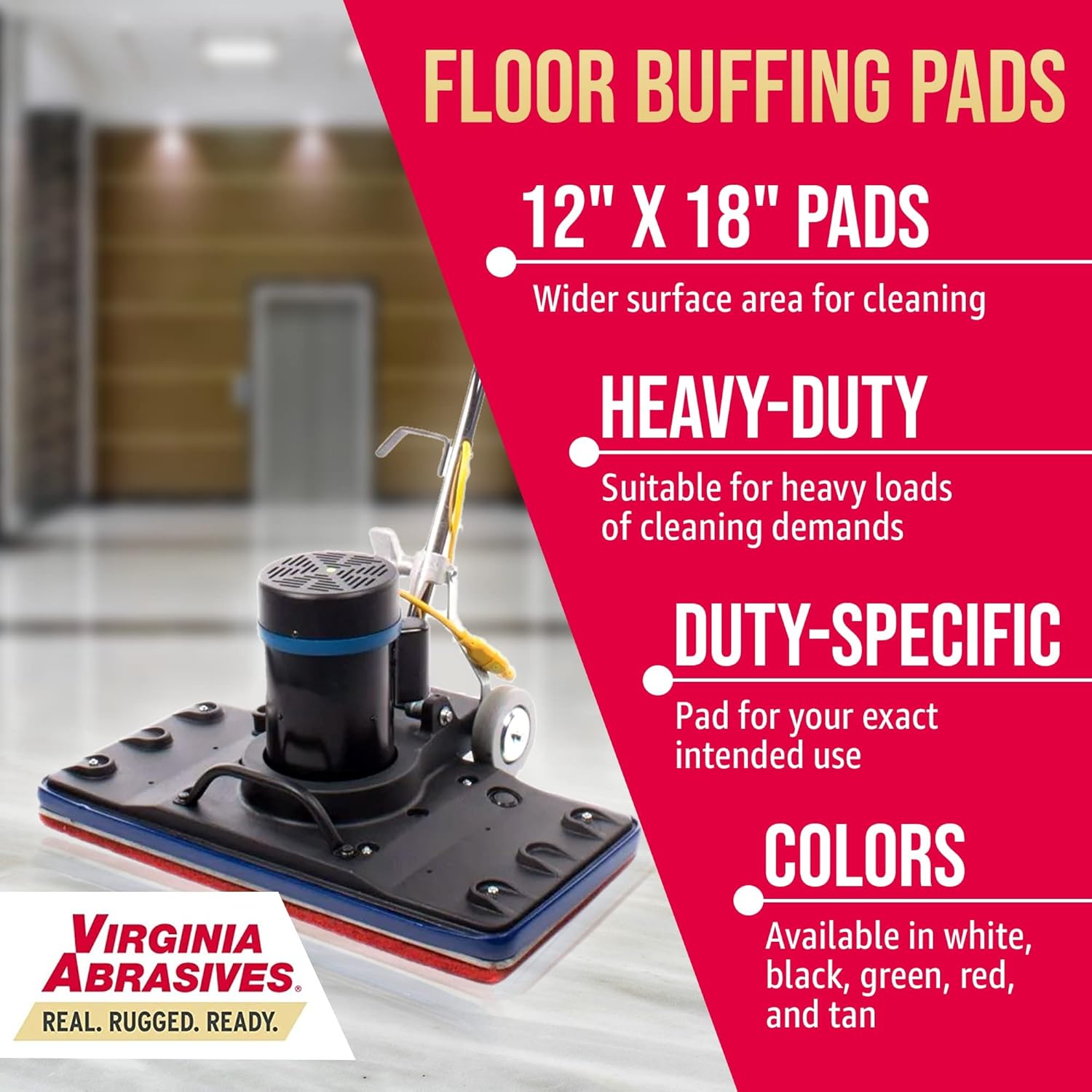 Virginia Abrasives 12" x 18" x 1" Green Floor Maintenance Pads – Heavy-Duty Non-Woven, 5 Pack for Scrubbing, Cleaning & Floor Prep with Orbital Floor Machines