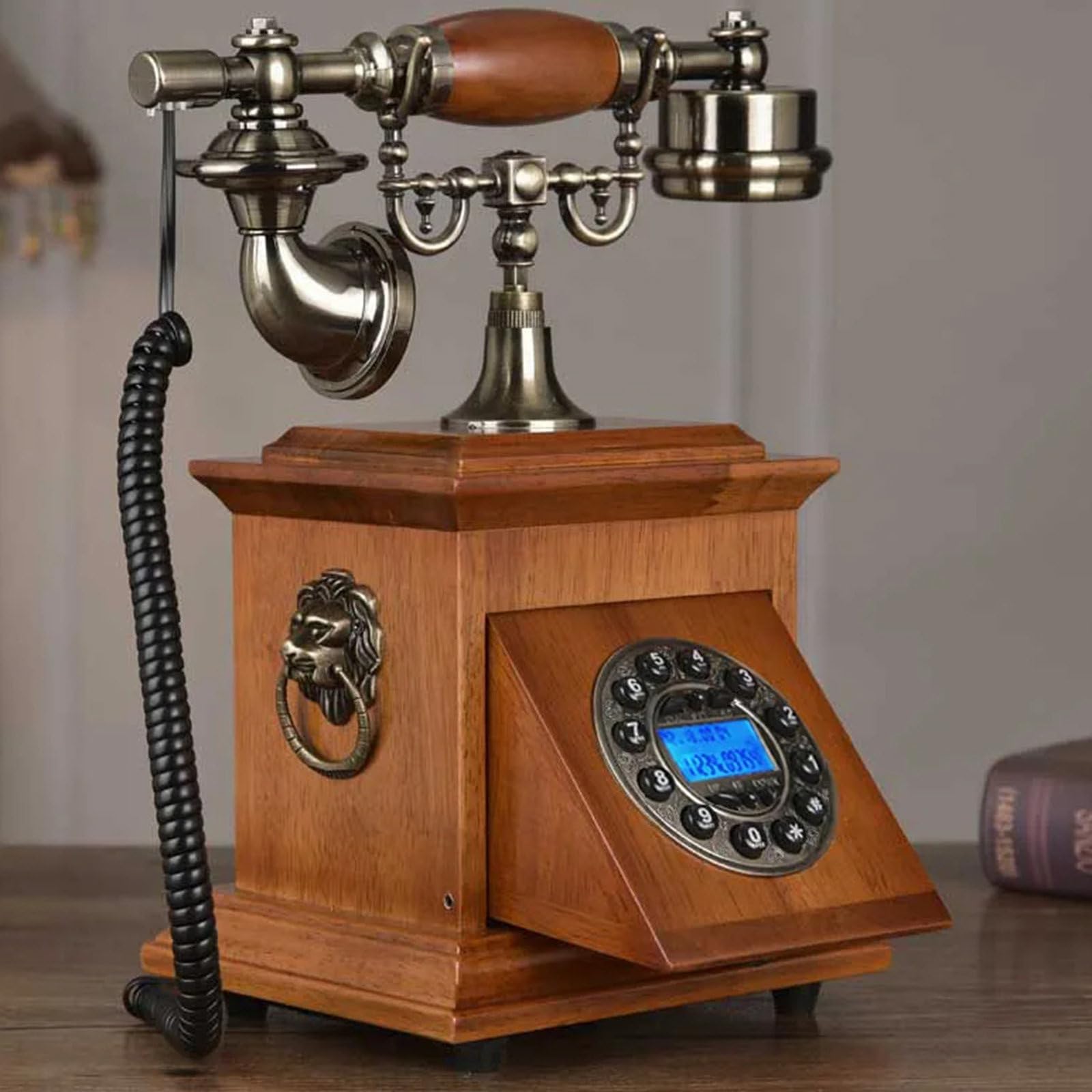 Telefon Retro (19X16X31Cm) - CałKowicie RęCznie Robiony, Telefon Stacjonarny Dla OsóB Starszych (Lite Drewno + Metal), Roczna Gwarancja, Do Salonu, Biura, Hotelu,A