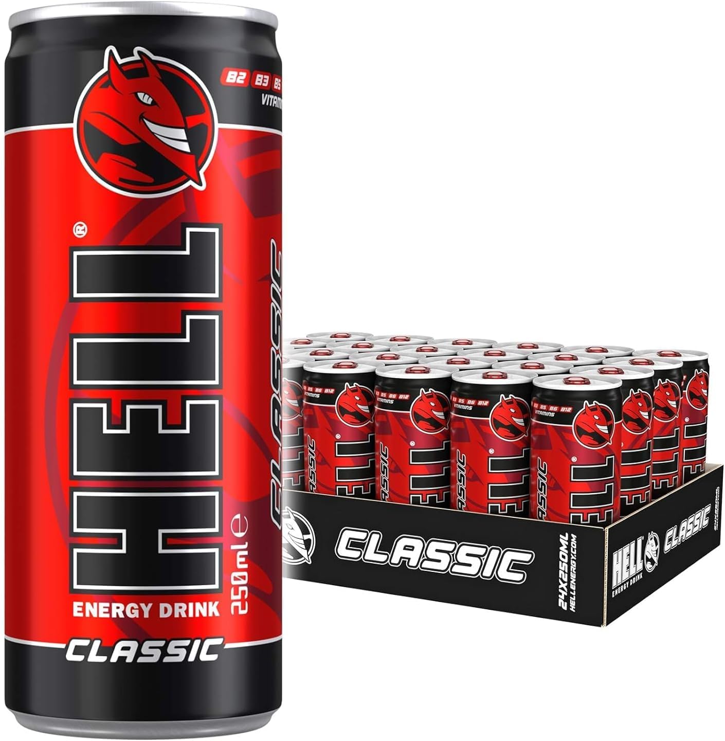 HELL CLASSIC Energy Drink | 32 mg/100 ml Caffeine | Vitamins B3, B5, B6, B12 | No Preservatives | Environmentally Friendly Packaging | 24 x 250ml | Compatible with HELL Energy