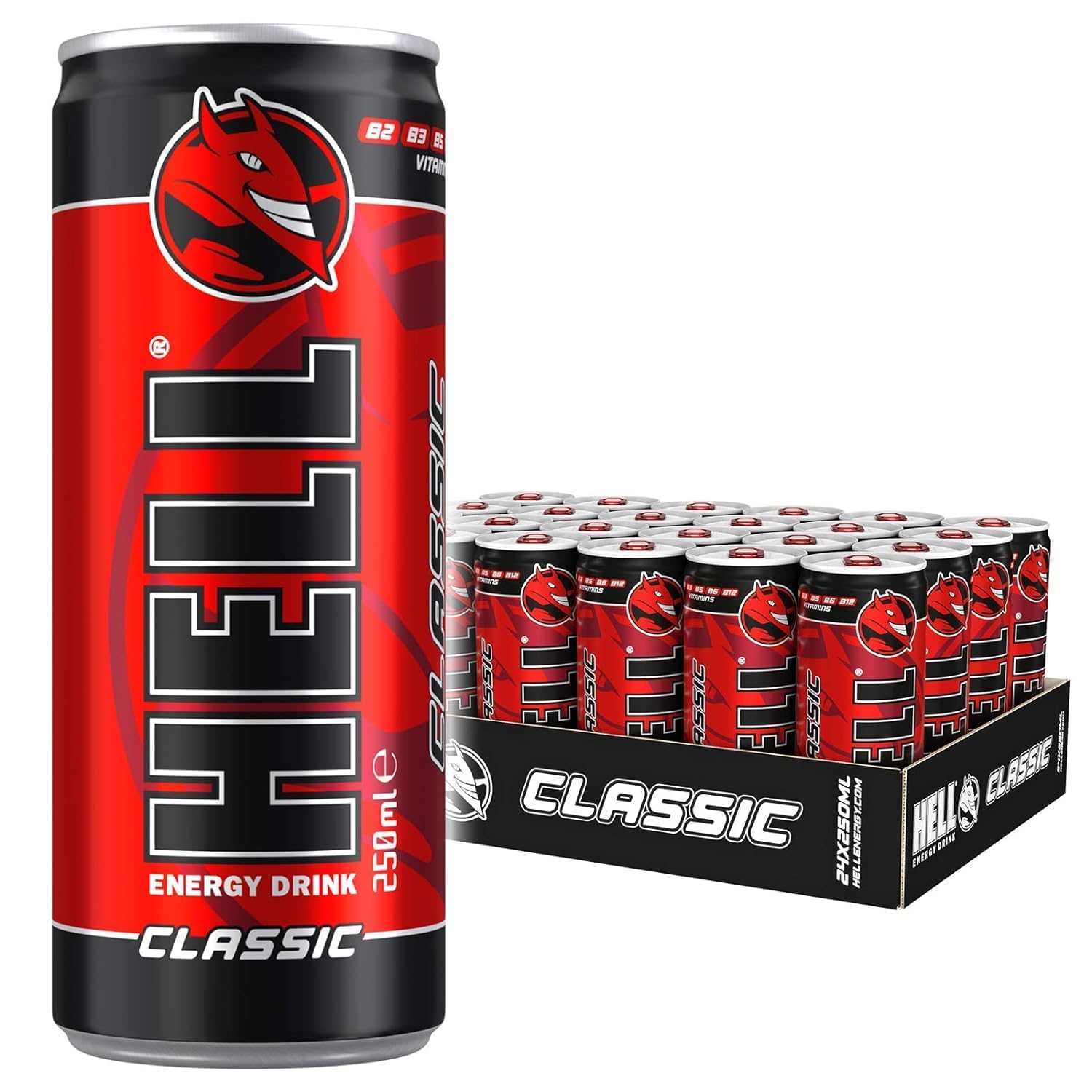 HELL CLASSIC Energy Drink | 32 mg/100 ml Caffeine | Vitamins B3, B5, B6, B12 | No Preservatives | Environmentally Friendly Packaging | 24 x 250ml | Compatible with HELL Energy