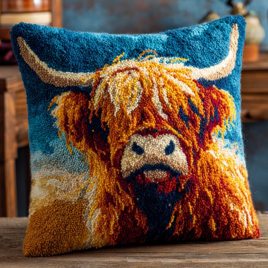 Henypt Latch Hook Cushion Kit 43x43cm,Highland Cattle DIY Pillow Cover for Sofa Bedroom,Beginner Friendly Craft Set with Pre-Printed Canvas