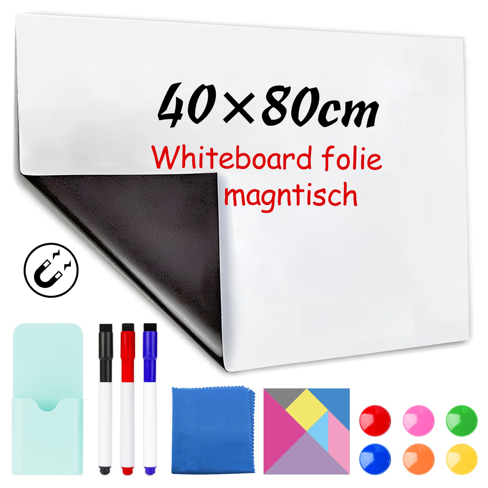 Whiteboard magnetische folie, 60 x 40 cm, zelfklevende magneetfolie, sterk afwisbaar magneetbord, wit, inclusief whiteboard-marker en sponsmagneten, geschikt voor kantoor en thuis, koelkast enz