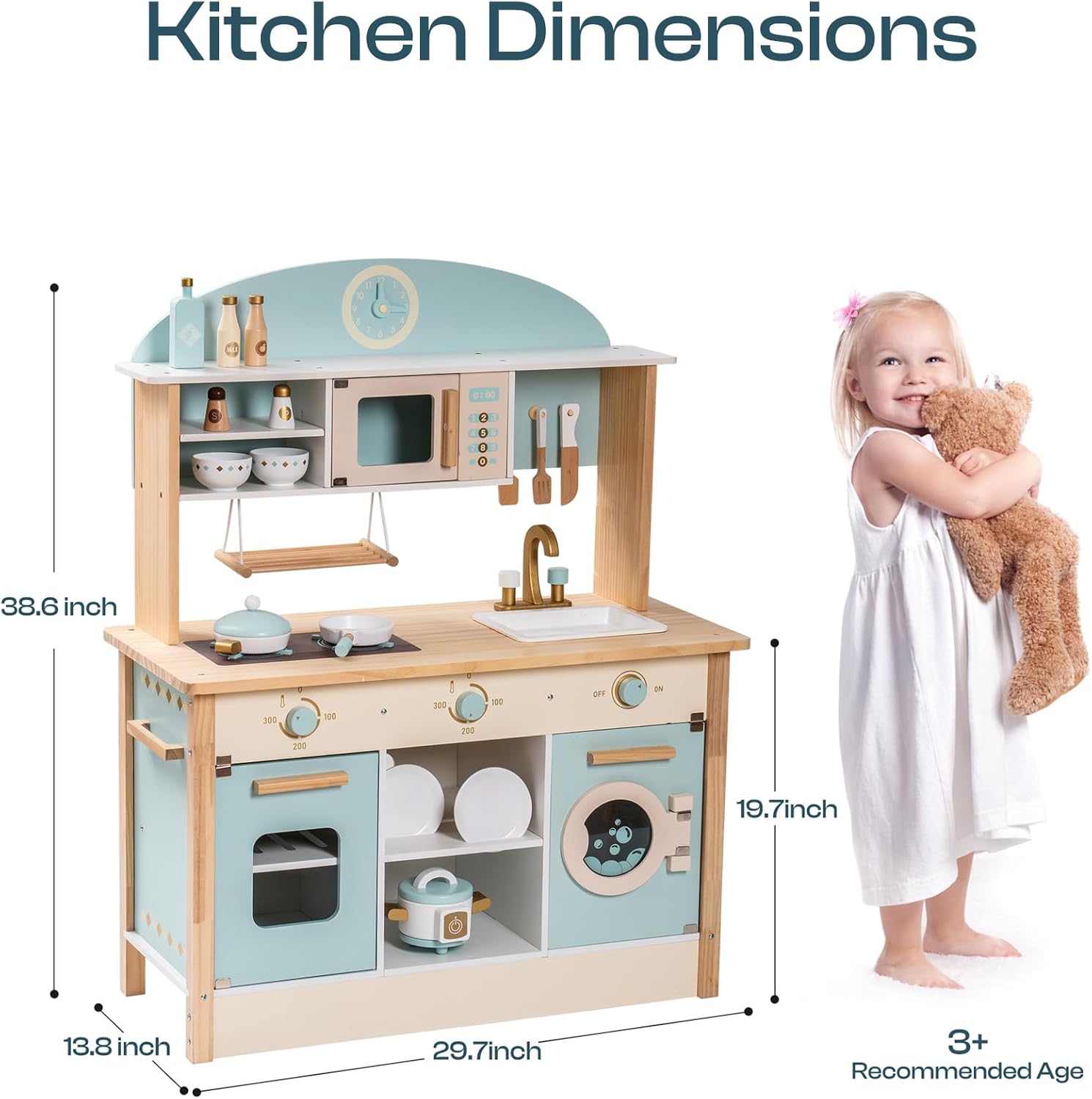 Diagram showing the dimensions of the ROBOTIME wooden play kitchen.