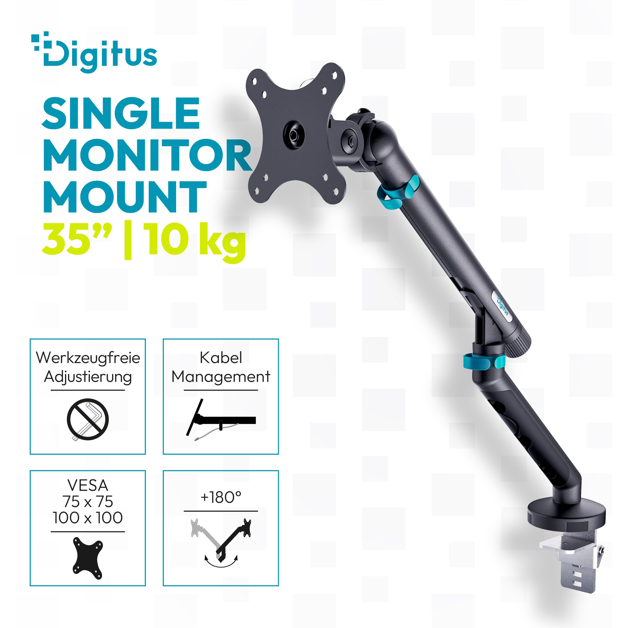 DIGITUS Monitor Halterung 1 Monitor – bis 35 Zoll – mechanische Feder | 10 kg Traglast – für Flach- und Curved-Bildschirme – VESA 75x75, 100x100 – Tischklemme – Schwarz