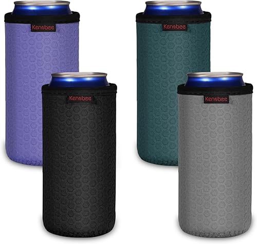 KENOBEE Paquete de 4 Fundas Enfriadoras para Latas Delgadas de 12oz, Suaves Aisladas Reutilizables Antideslizantes de Neopreno Portavasos Cubiertas