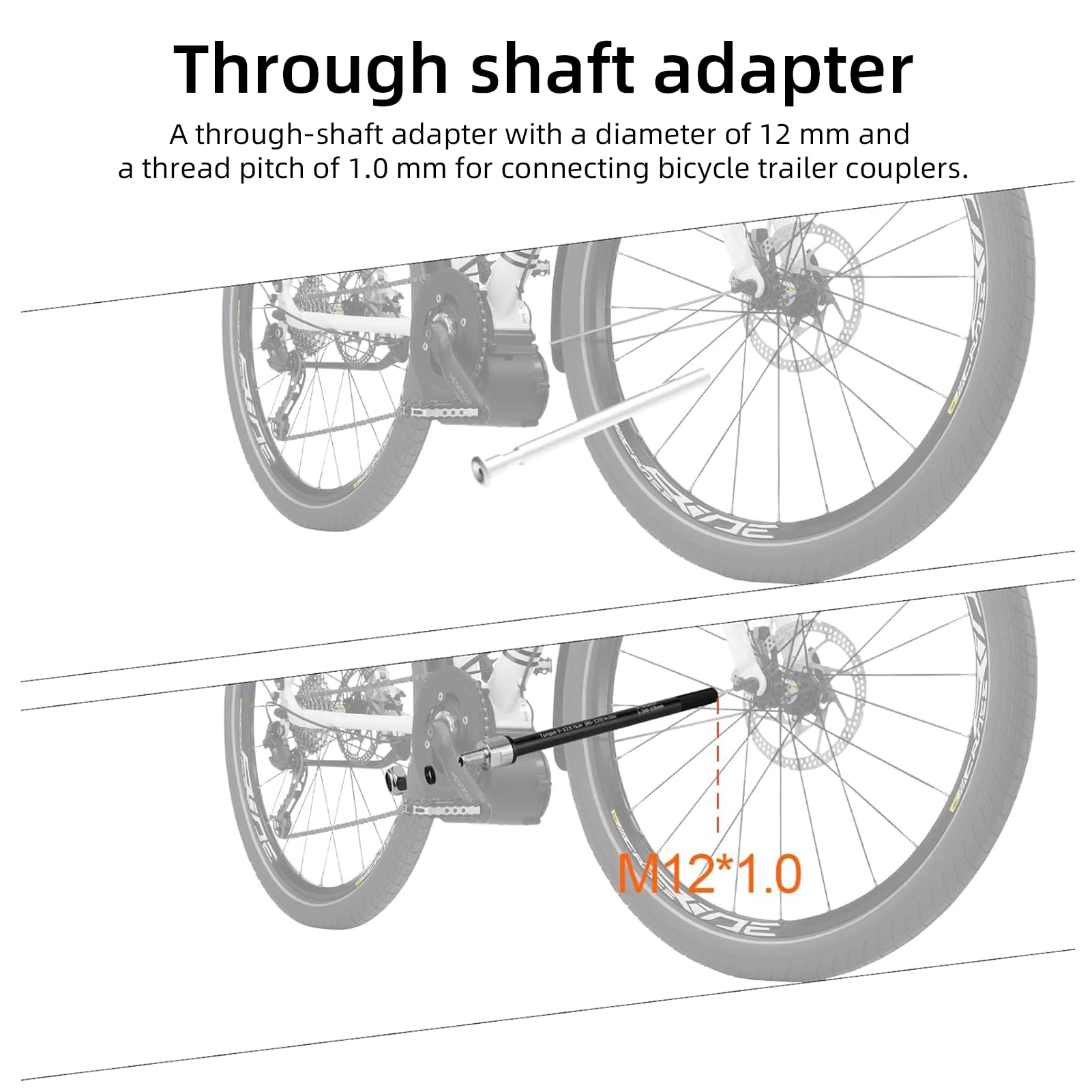 Oś wtykowa przyczepka rowerowa, M12 x 1,0, 160-178 mm, oś wtykowa z adapterem osi rowerowej, sprzęgło do przyczepki rowerowej, oś wtykowa kompatybilna z większością sprzęgieł do przyczep