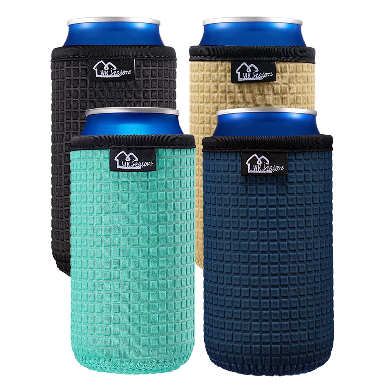 WK IEASON 16oz Standard Can Sleeves Insulators Standard Beer Can Covers 16OZ Neoprene Beer Bottle Sleeves Coolers Holder Non-slip Neoprene Can Coolier Sleeves 4PC Pack(Black/Cool Mint/Dark blue/Khaki)