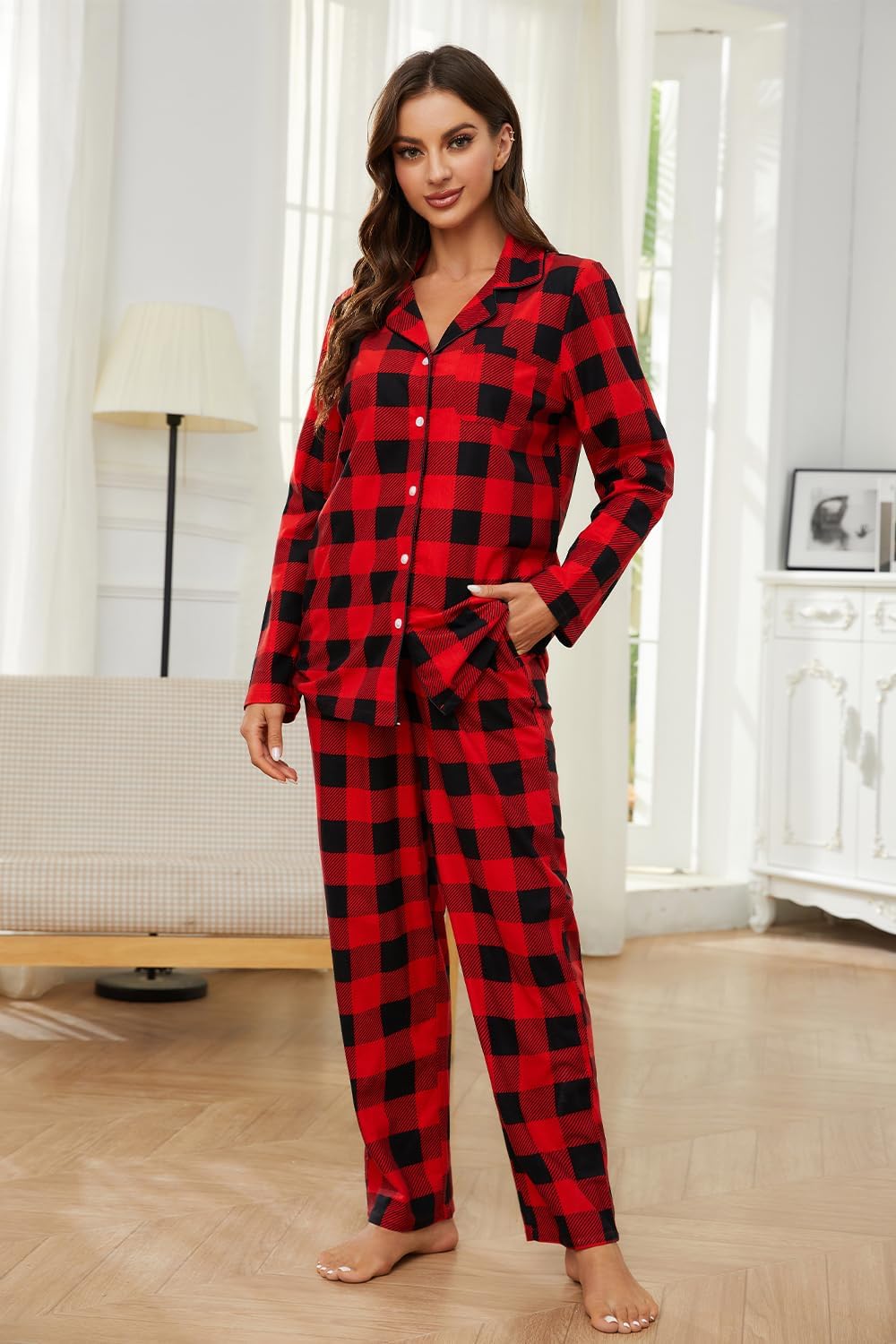HEARTNICE Women Soft Pajama Set, Long Warm Flannel Pajamas Lightweight Cute Printed Pjs Set with Pockets - Image 4