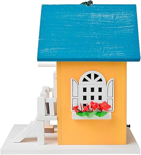 Miniatura 4 de MEWANG Casa de pájaros colorida para colgar, casa de campo, casa de pájaros, condominio de madera, amarillo, altura 9.1 pulgadas