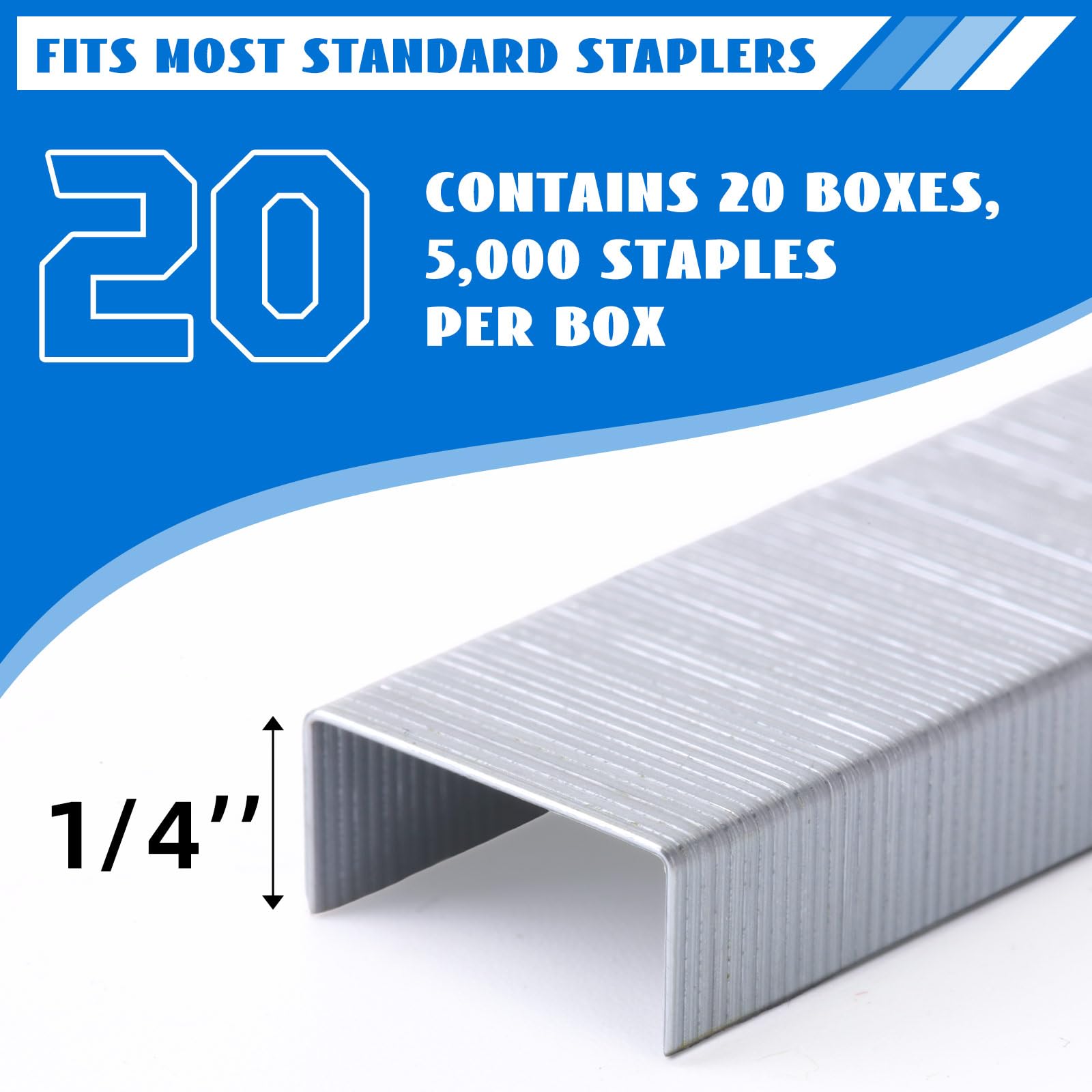 Dunzoom 100000 Standardklammern, 1/4 Zoll Büro-Standard-Heftklammern, 26/6, 5000 pro Box, 20 Stück, Büroklammern, staufreie Heftklammern, Lehrerbüro und Heimbüro, Standardklammern