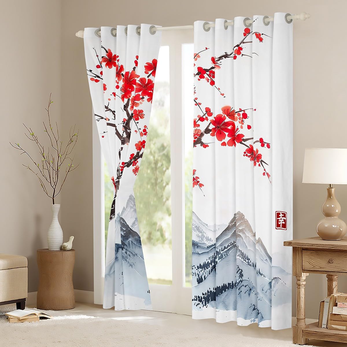 Homewish Japoński kwiat śliwy szer. 132 cm x dł. 229 cm zasłony okienne, obraz atramentowy krajobraz nadruk zasłony zaciemniające kwiatowy wzór zasłony 2 zestawy paneli azjatyckie ukiyoe dekoracje