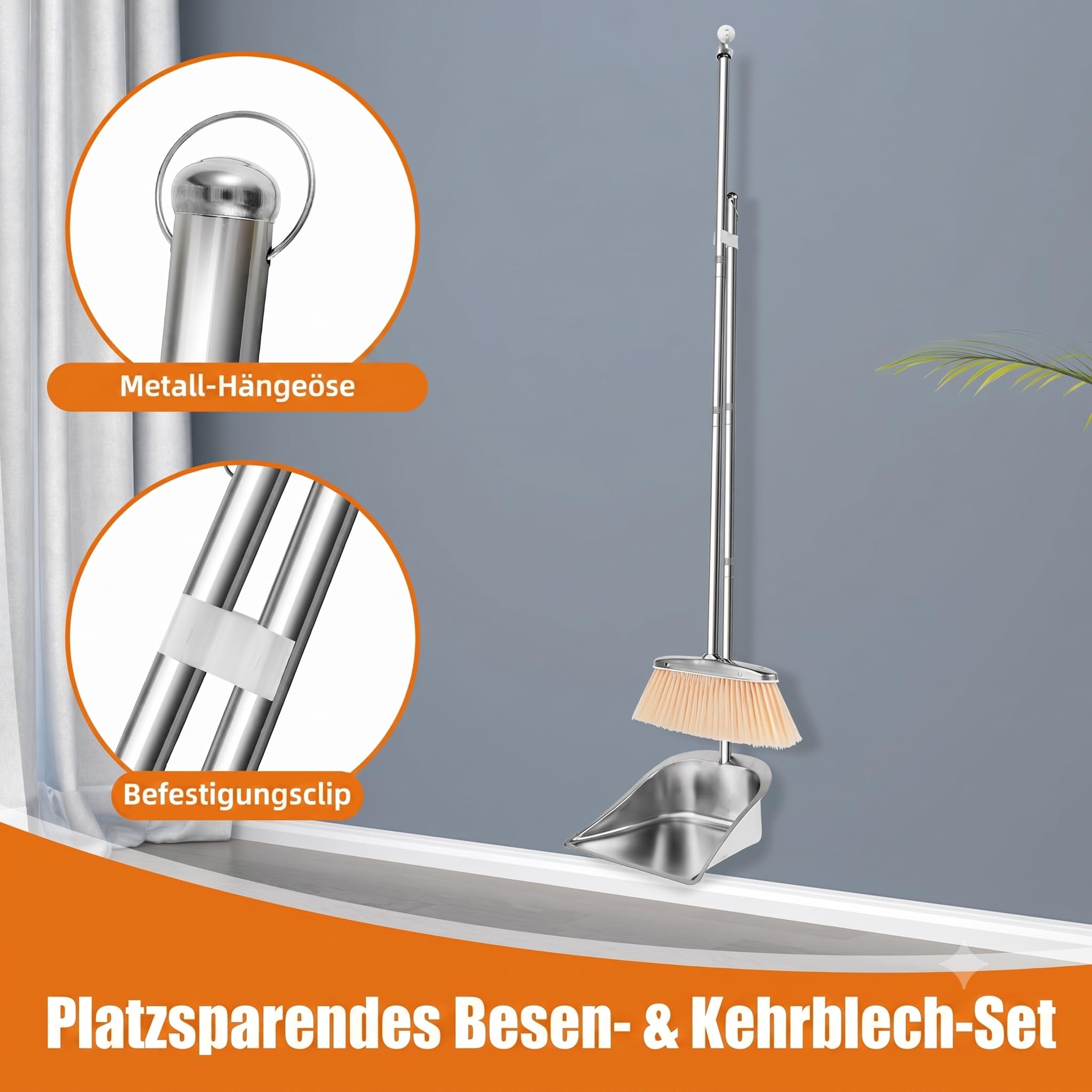 Juego de escoba y recogedor con mango largo de acero inoxidable de 118 cm, escoba vertical con pala, escoba con recogedor para uso en el hogar, cocina, habitación, oficina y suelo del