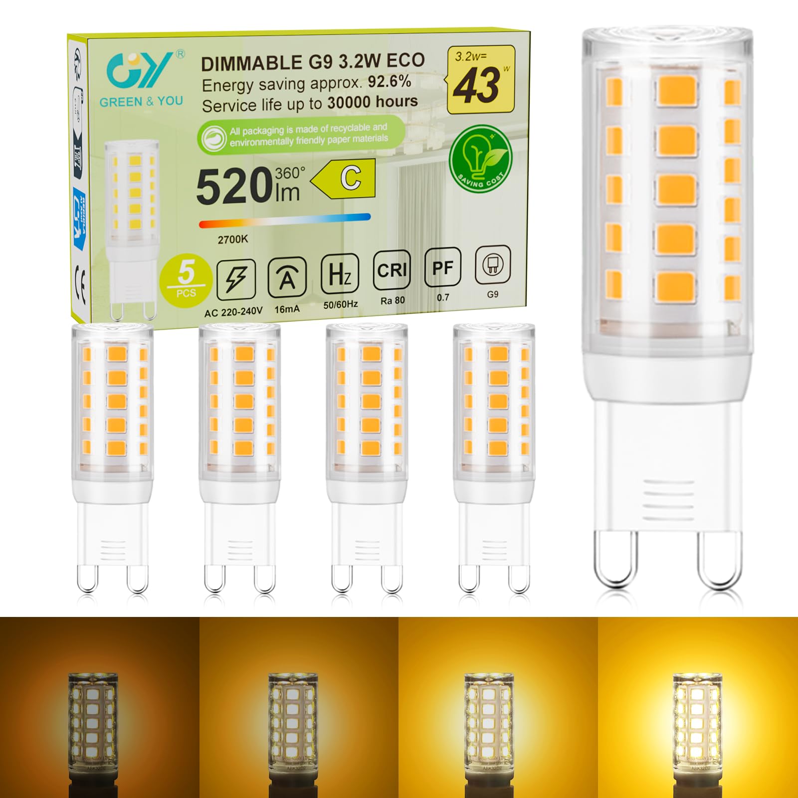GY G9 LED Lampe Dimmbar Warmweiß 2700K, 3,2W Entspricht 43W, 520 Lumen, LED Leuchtmittel Flickerfrei, Energiesparende Mini Glühbirne, Kein Flackern, LED Birne für Innenbeleuchtung, 5er Set