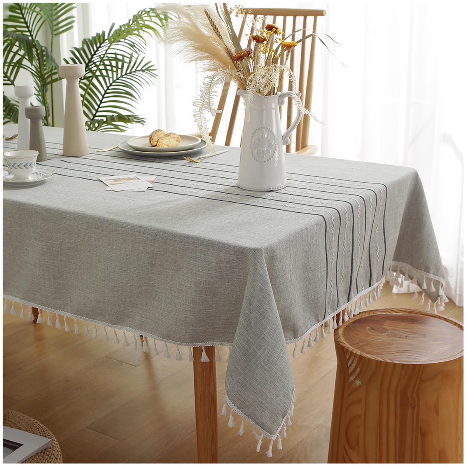 Bawełniany, lniany obrus, 130 x 205 cm, szary, pyłoszczelny, obrus na stół z frędzlami, elegancki ochraniacz na stół do jadalni, kuchni, restauracji i na specjalne okazje