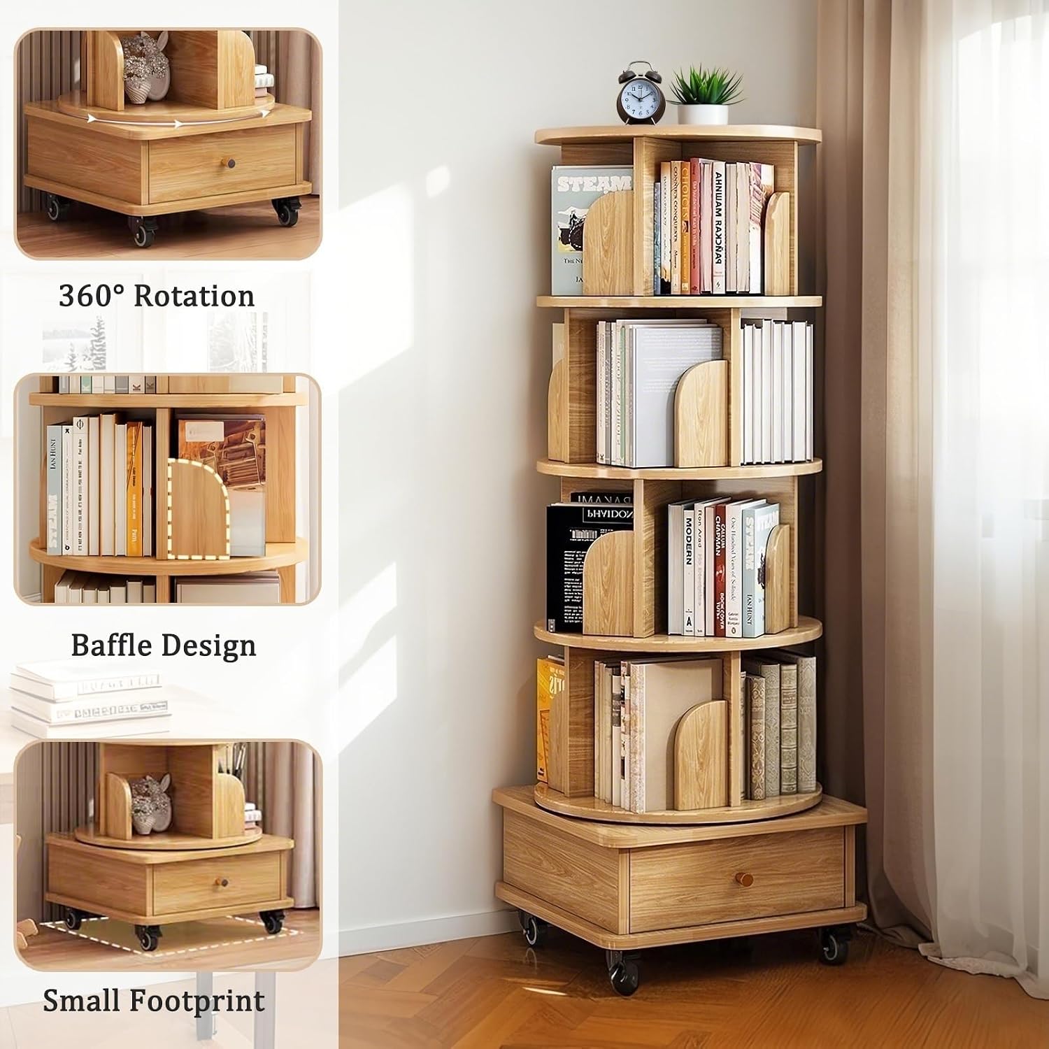 5 Tier Rotating Bookshelf Tower, 360° Revolving Bookcase with Wheels and Drawer, Round Spinning Book Shelf Kids, Small Corner Bookshelf for Living Room, Home, Office, Wood Color