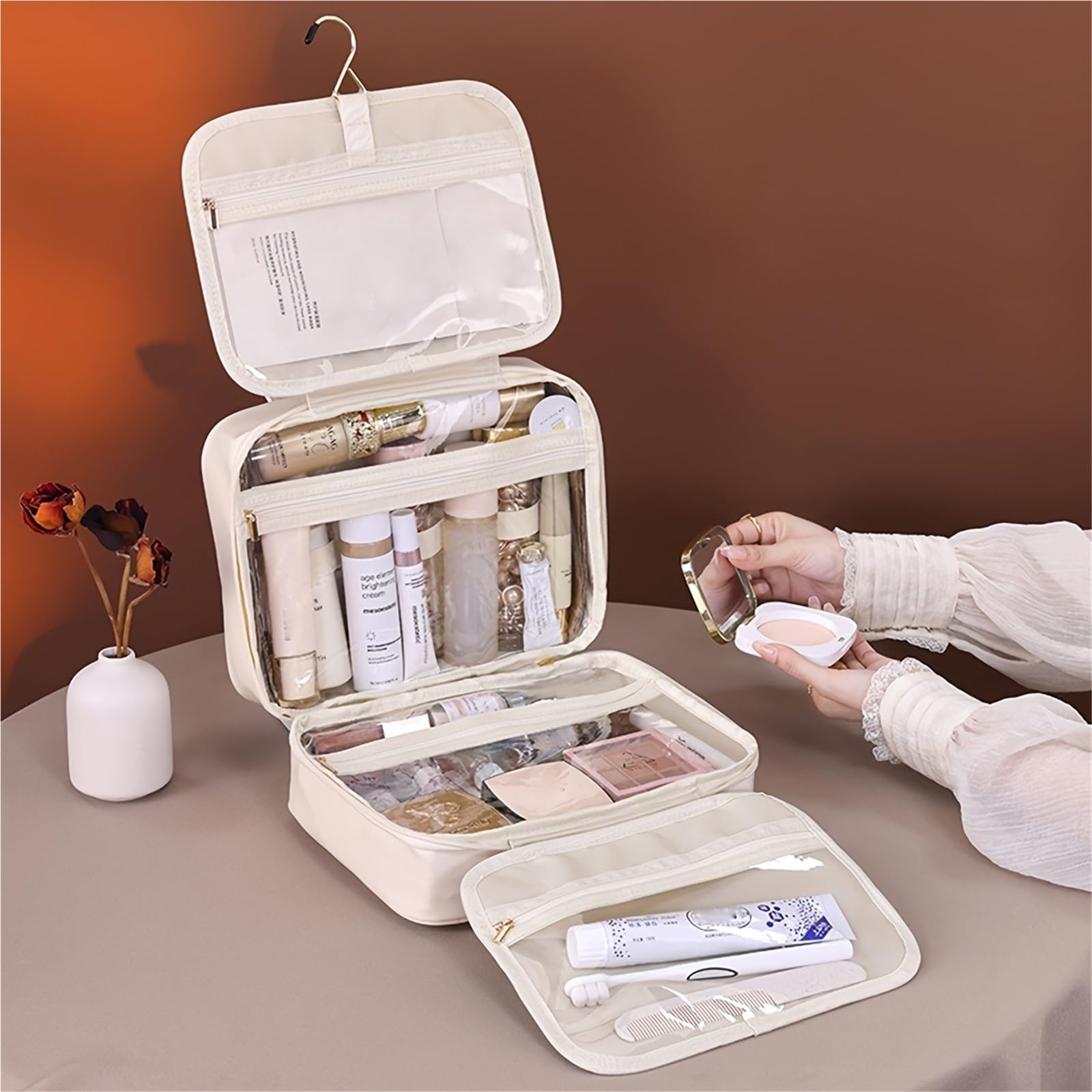 Borsa cosmetica da appendere in pelle 1 pezzo for donna, organizer portatile for trucco, borse viaggio di grande capacità Per Viaggi(Black)