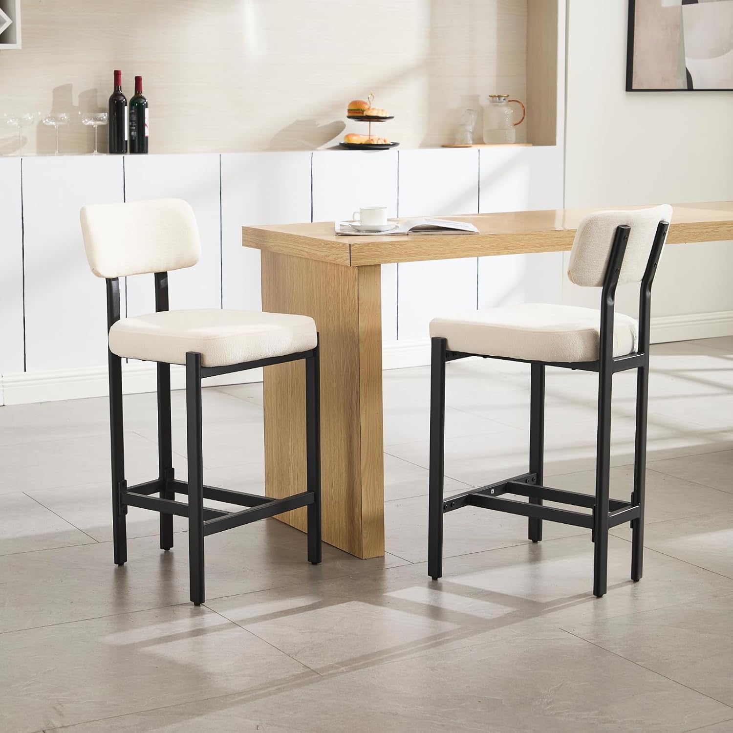 DUOMAY Modern Chenille Counter Stools Set of 2, Upholstered 26" Seat Height Low Barstools with Black Metal Legs Open Back Dining Stools with Footrest for Home Pub Kitchen, Beige