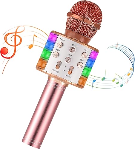 Micrófono de karaoke para niños, inalámbrico Bluetooth portátil de mano, micrófono de karaoke para cantar, con luces LED, regalo para niñas, niños y